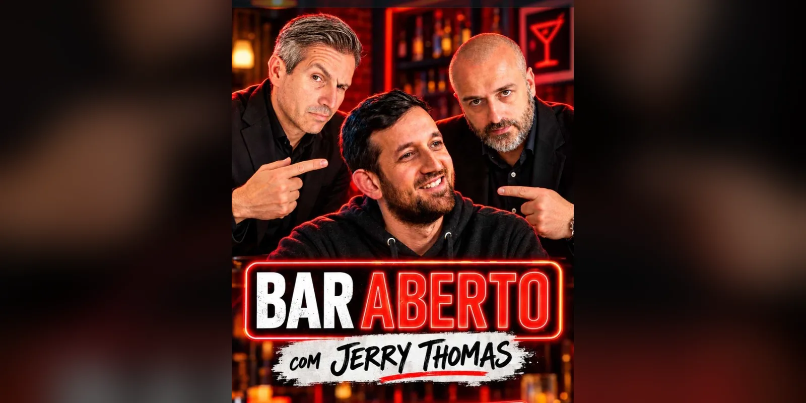 Jerry Thomas com Hélder Santos e Sérgio Araújo no cartaz do Bar Aberto, o programa d'O Gerente